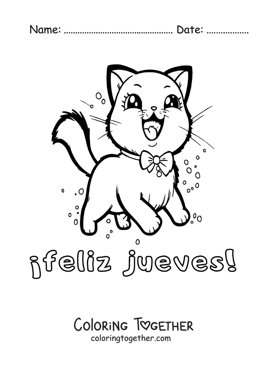 Coloring page of a happy Thursday with a kawaii cartoon cat