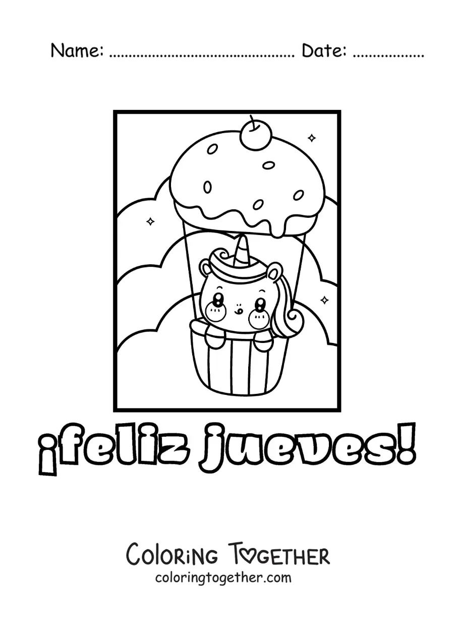 Coloring page of a happy Thursday with a cute cartoon unicorn