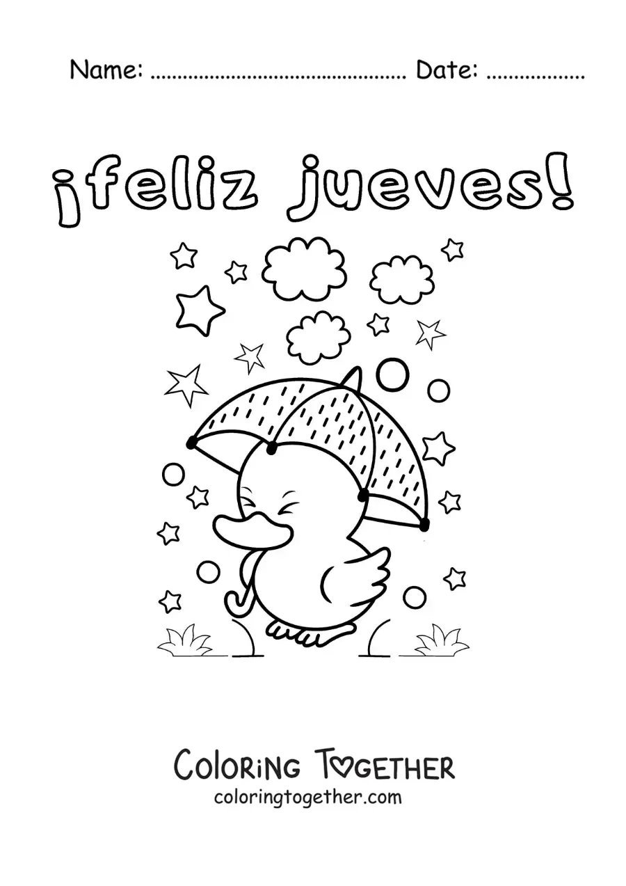 Coloring page of a happy Thursday with a kawaii cartoon duck
