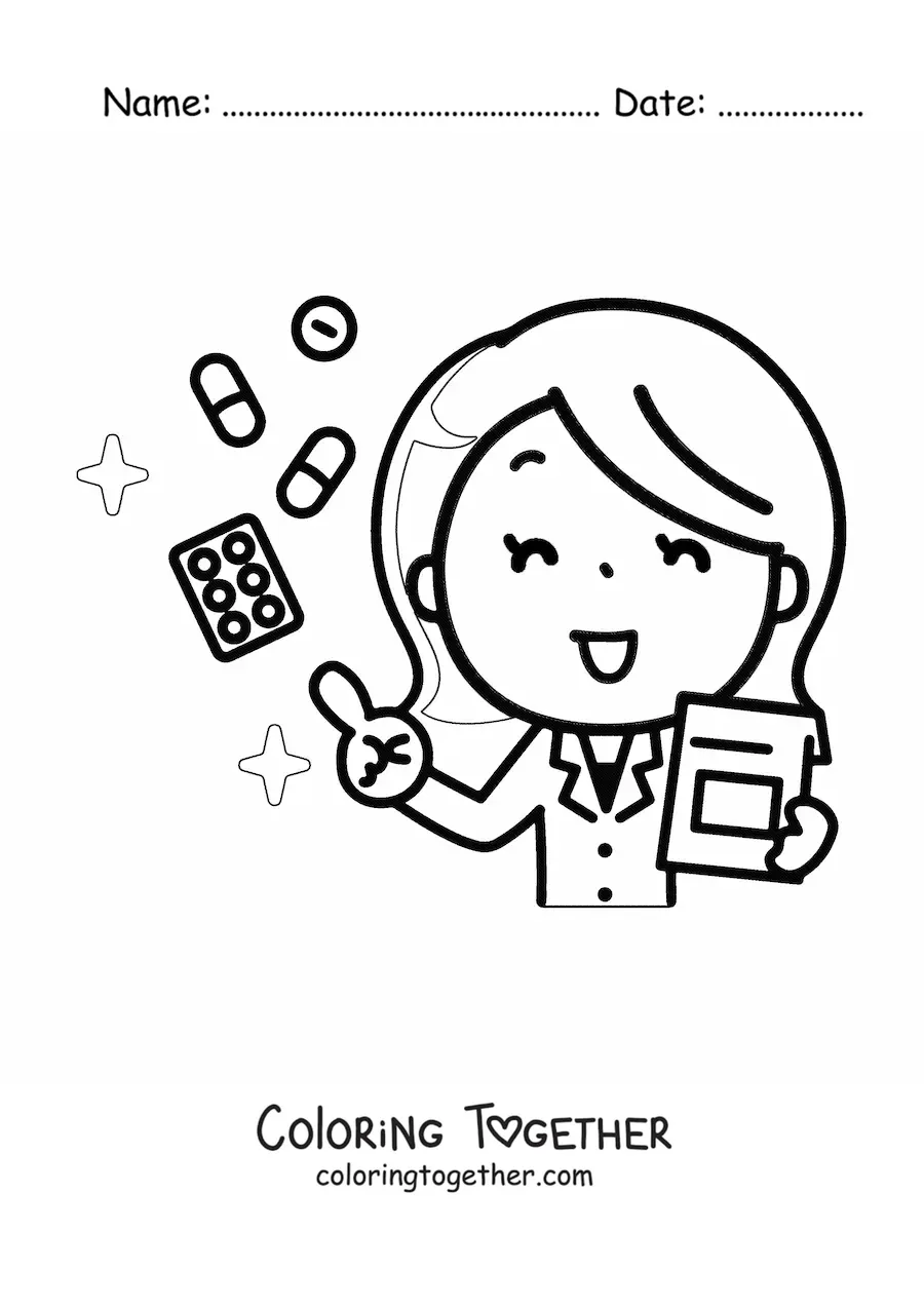 Coloring page of a kawaii female doctor prescribing a treatment