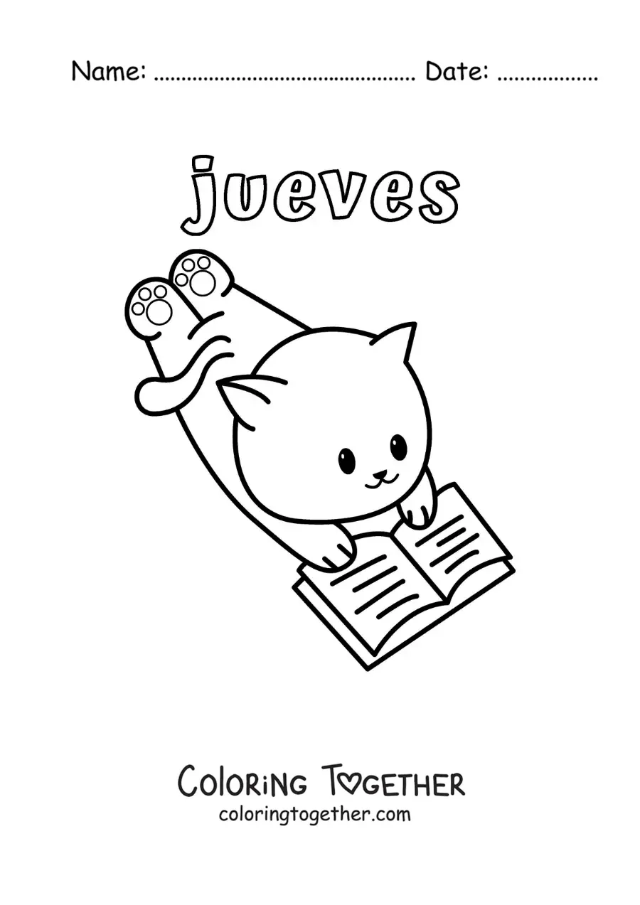 Coloring page of Thursday with a cartoon cat reading a book