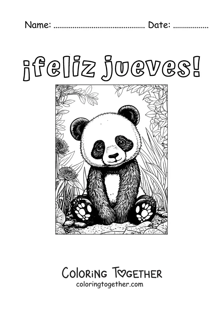 Coloring page of a happy Thursday with a kawaii panda