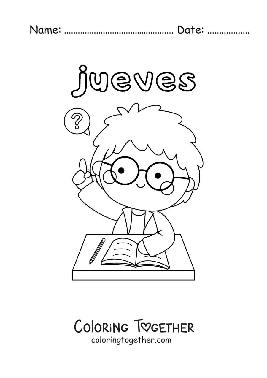 Coloring page of Thursday with a boy raising his hand in class