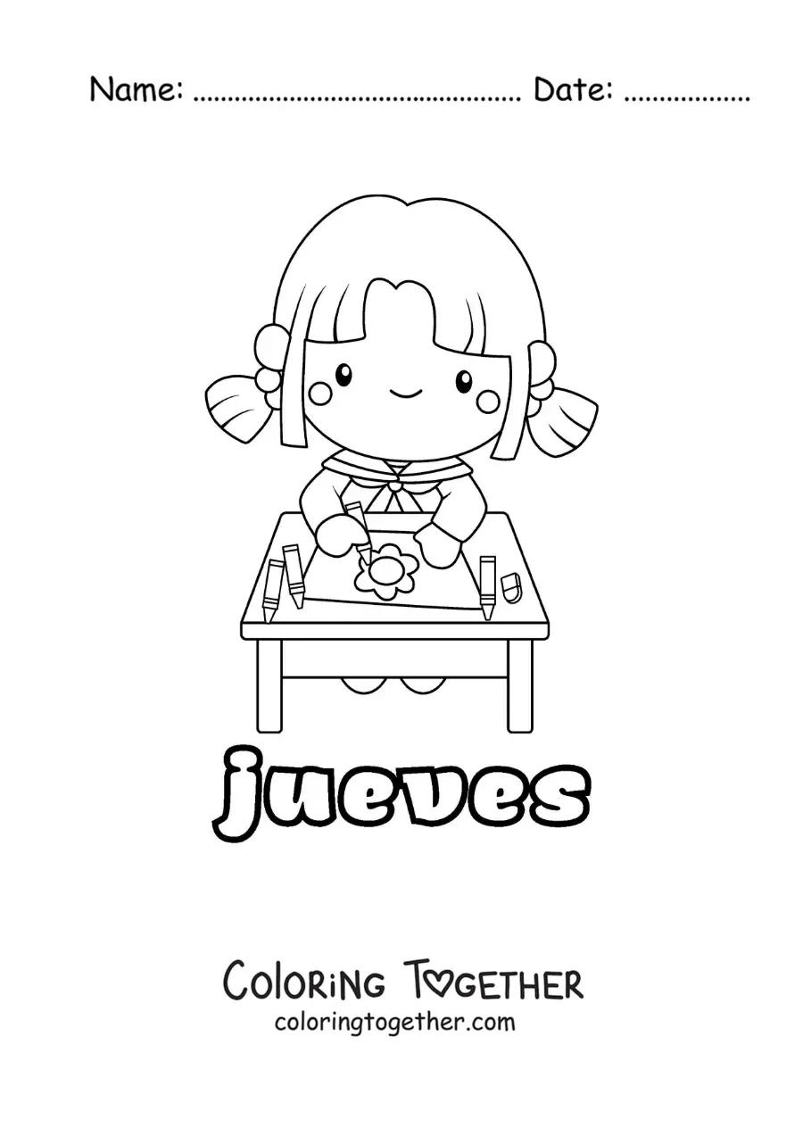 Coloring page of Thursday with a girl coloring in class