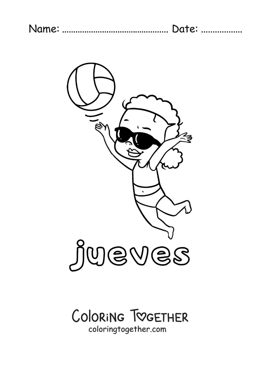 Coloring page of Thursday with a girl playing volleyball