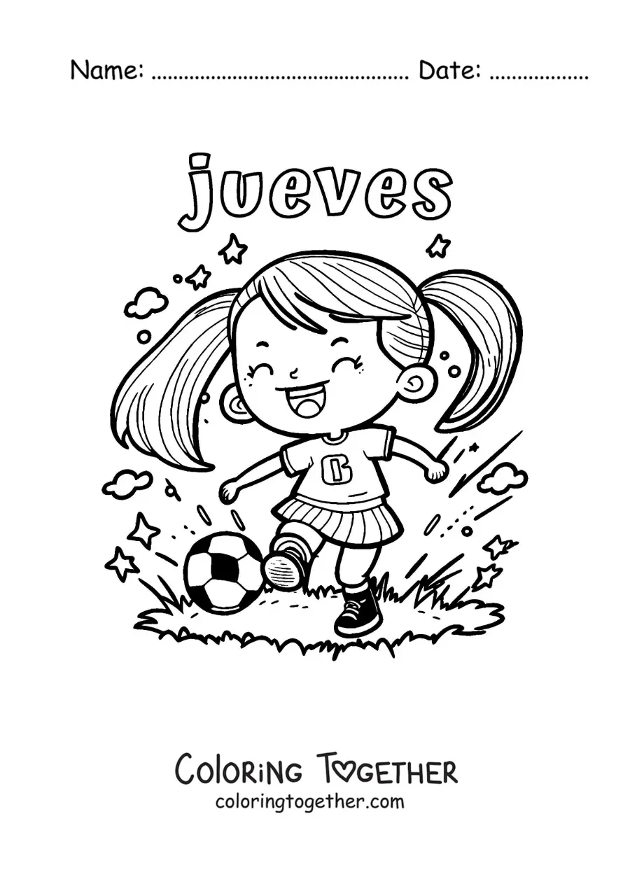 Coloring page of Thursday with a girl playing soccer