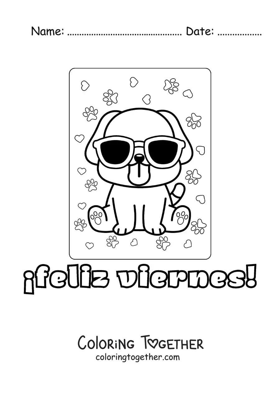 Coloring page of a happy Friday with a kawaii cartoon pug