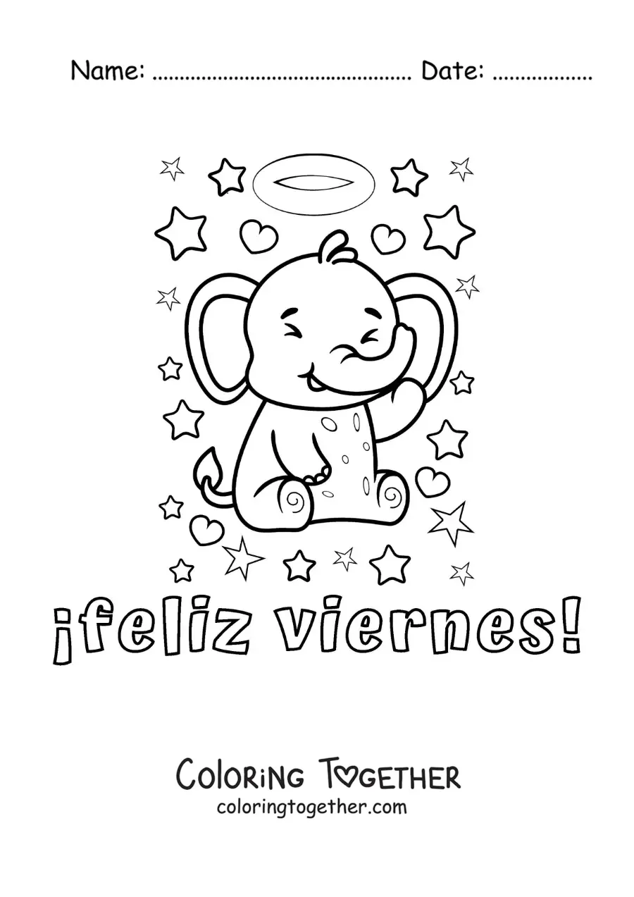 Coloring page of a happy Friday with a cute cartoon elephant