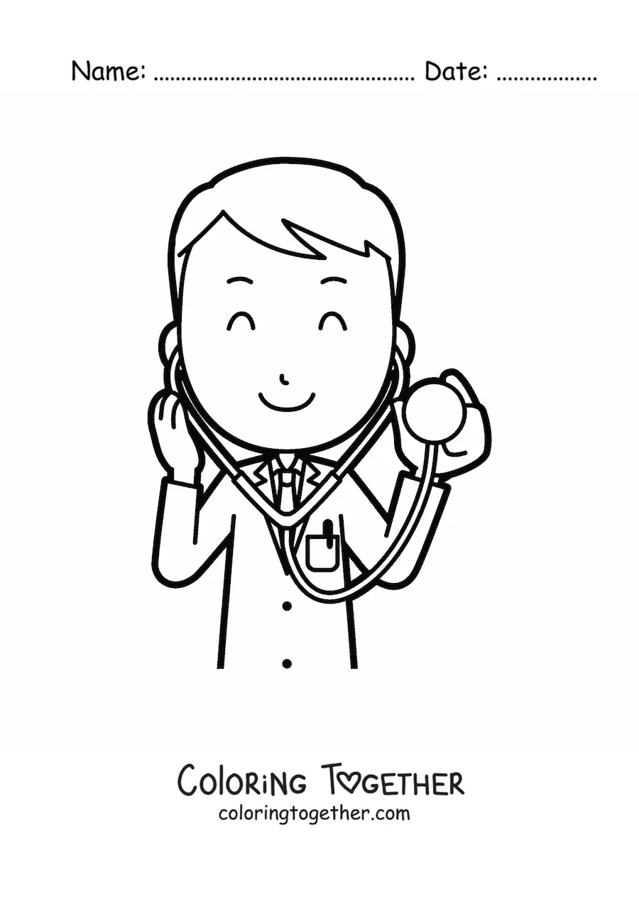 Coloring page of a cartoon doctor listening with a stethoscope