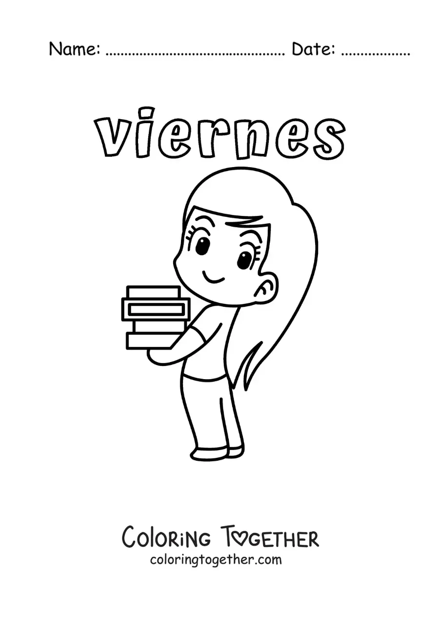 Coloring page of Friday with a girl carrying textbooks