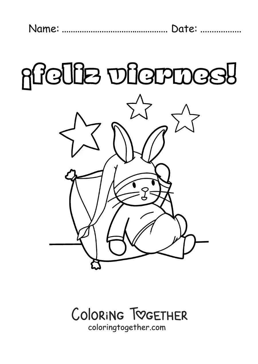 Coloring page of a happy Friday with a cartoon rabbit sleeping in pajamas