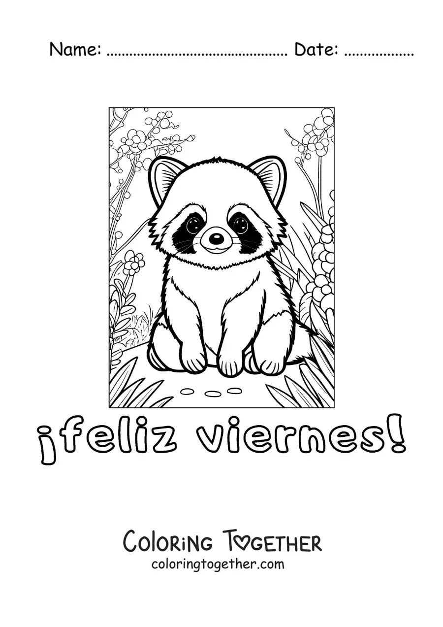 Coloring page of a happy Friday with a cartoon raccoon