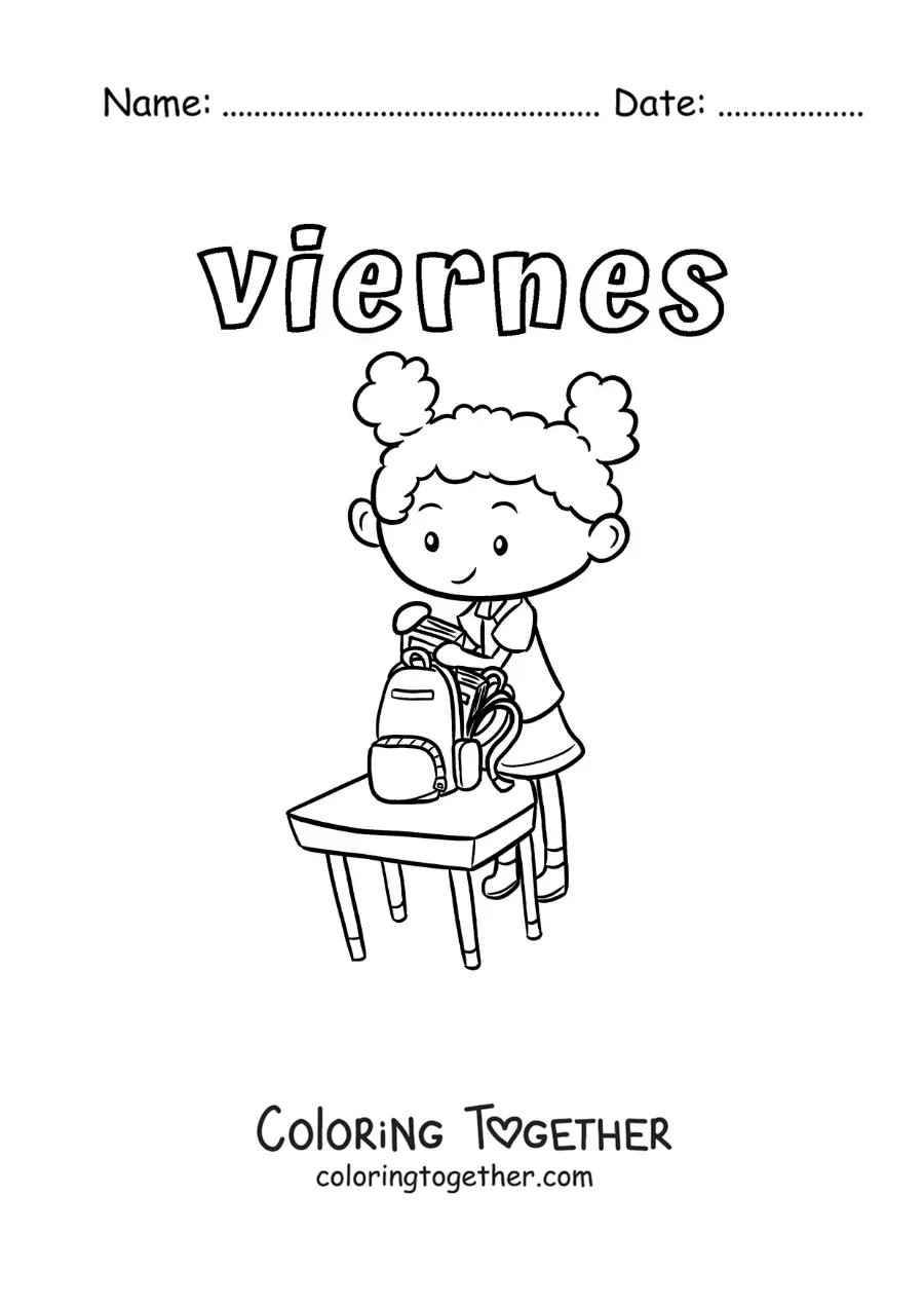 Coloring page of Friday with a girl putting away her supplies after class