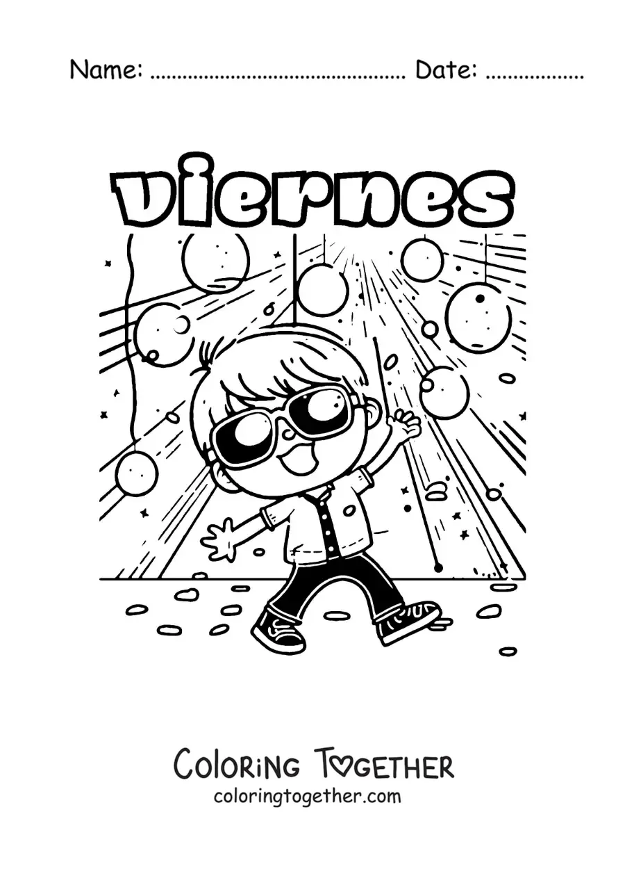 Coloring page of Friday with a boy dancing at a party