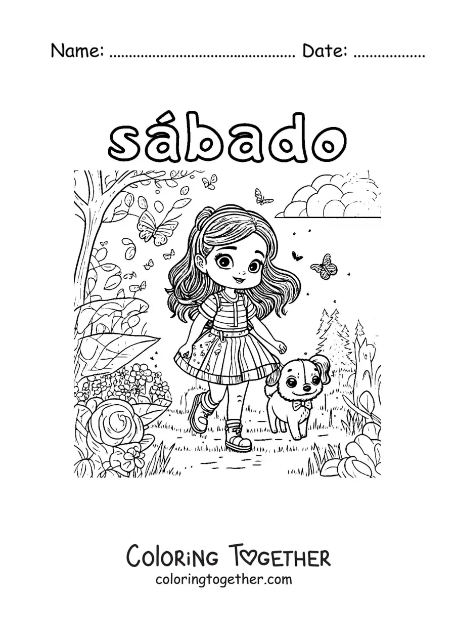 Coloring page of Saturday with a girl walking her dog in the park