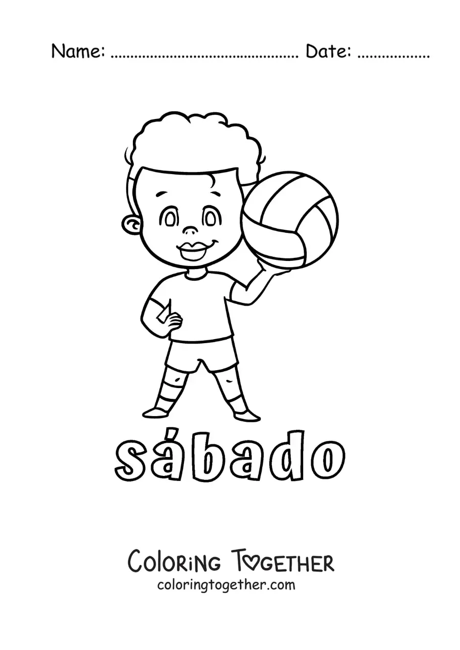 Coloring page of Saturday with a boy playing volleyball
