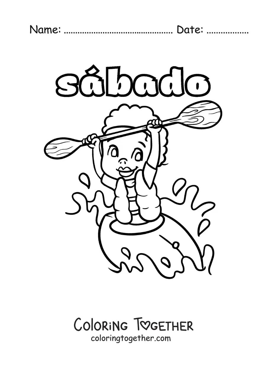 Coloring page of Saturday with a boy paddling a kayak