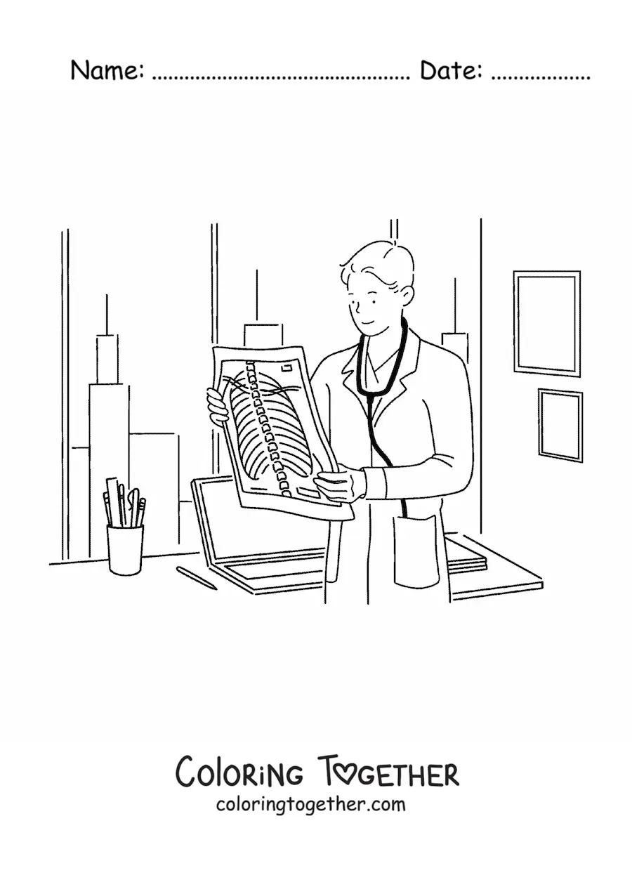 Coloring page of a female doctor looking at x-rays in an office