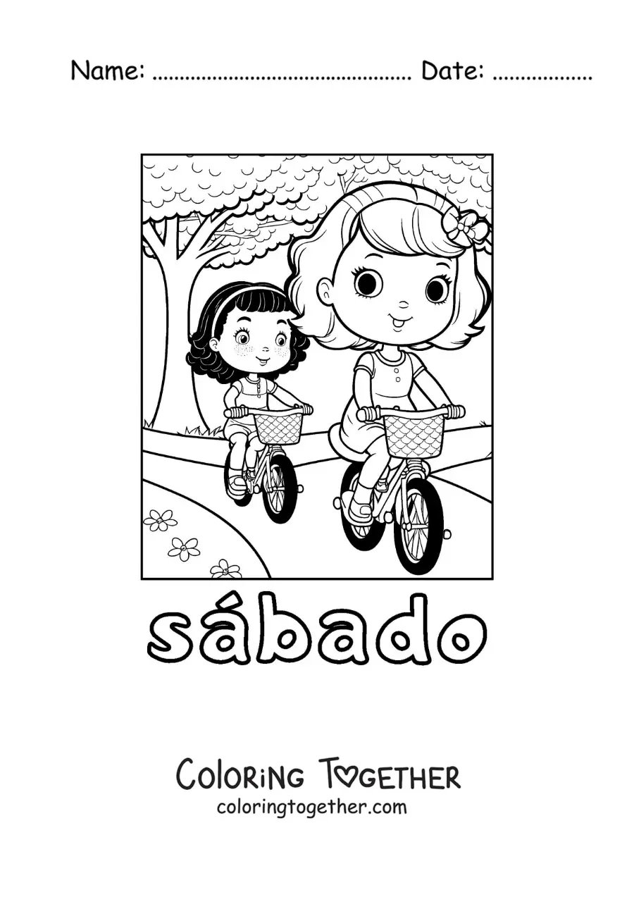 Coloring page of Saturday with two girls riding bikes in the park