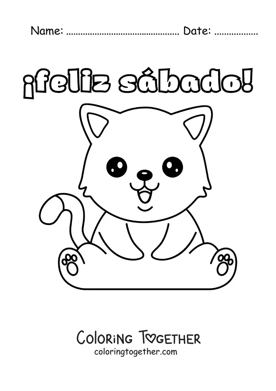 Coloring page of a happy Saturday with a cute cartoon cat