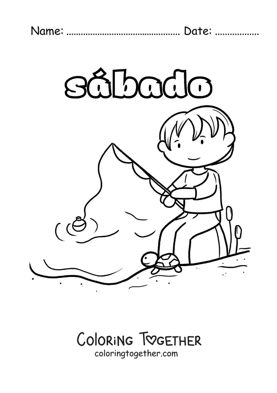 Coloring page of Saturday with a boy fishing in a lake