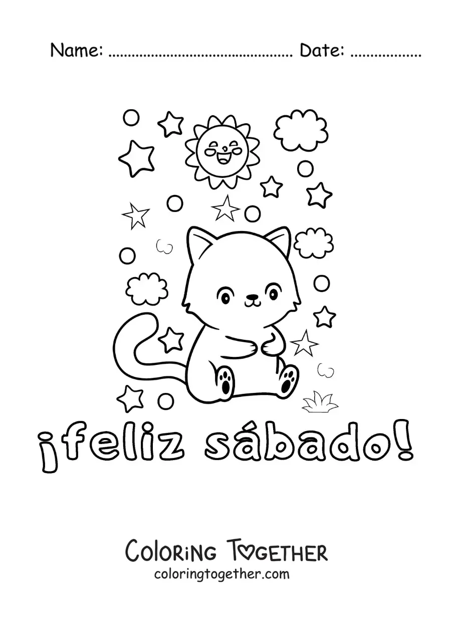 Coloring page of a happy Saturday with a cartoon cat
