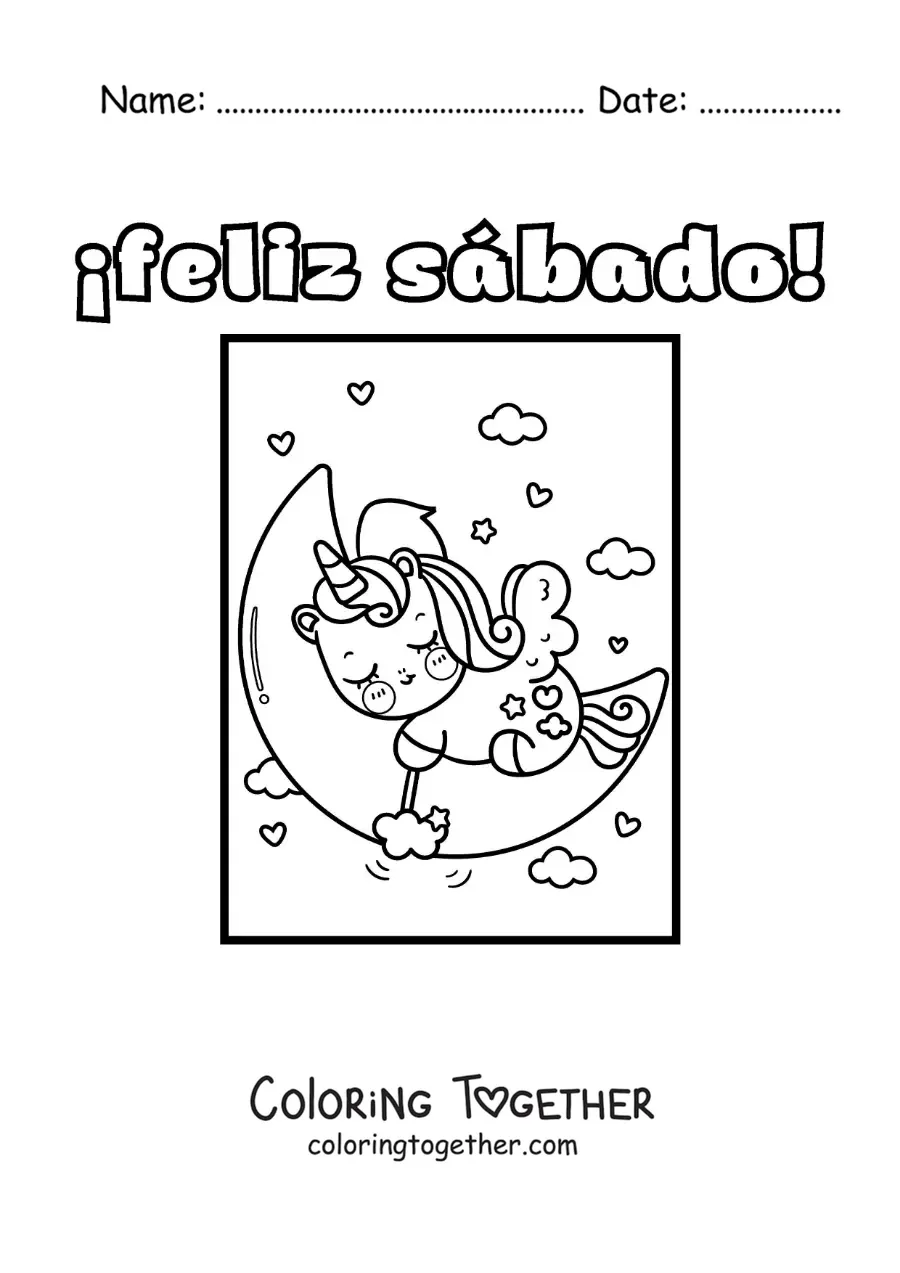 Coloring page of a happy Saturday with a sleeping cartoon unicorn