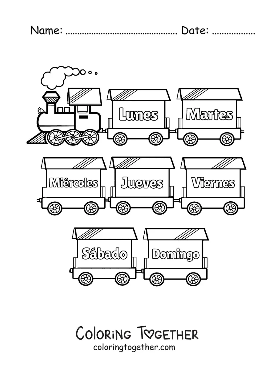 Coloring page of a train with the days of the week for kids