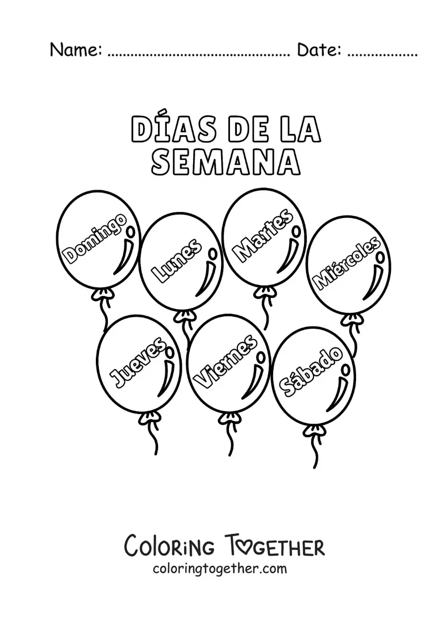 Coloring page of balloons with the days of the week for kids
