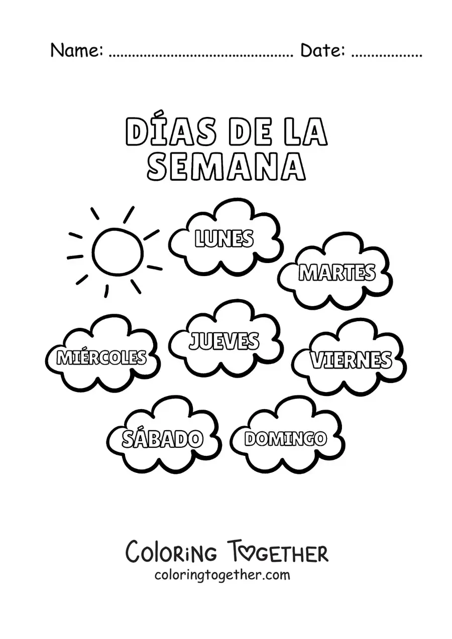Coloring page of clouds with the days of the week for kids