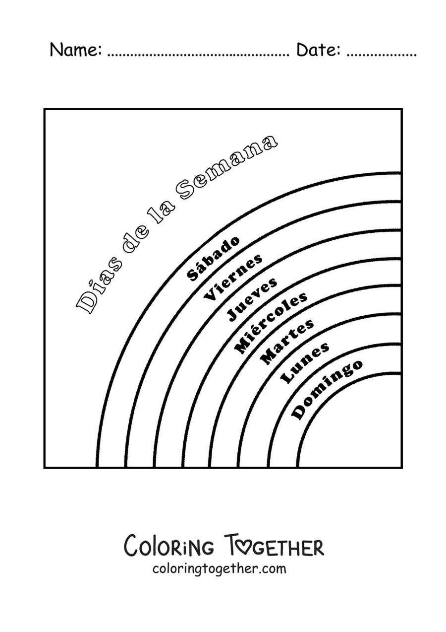 Coloring page of a rainbow with the days of the week for kids