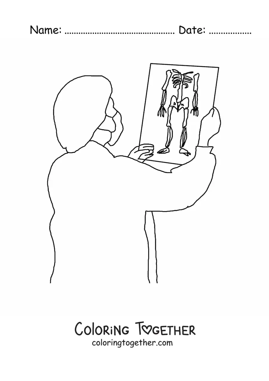 Coloring page of a doctor in scrubs looking at x-rays
