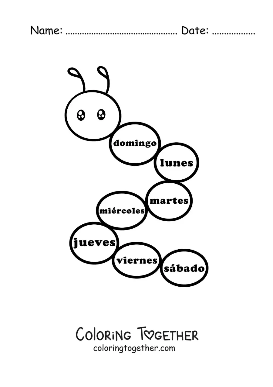 Coloring page of a worm with the days of the week for kids