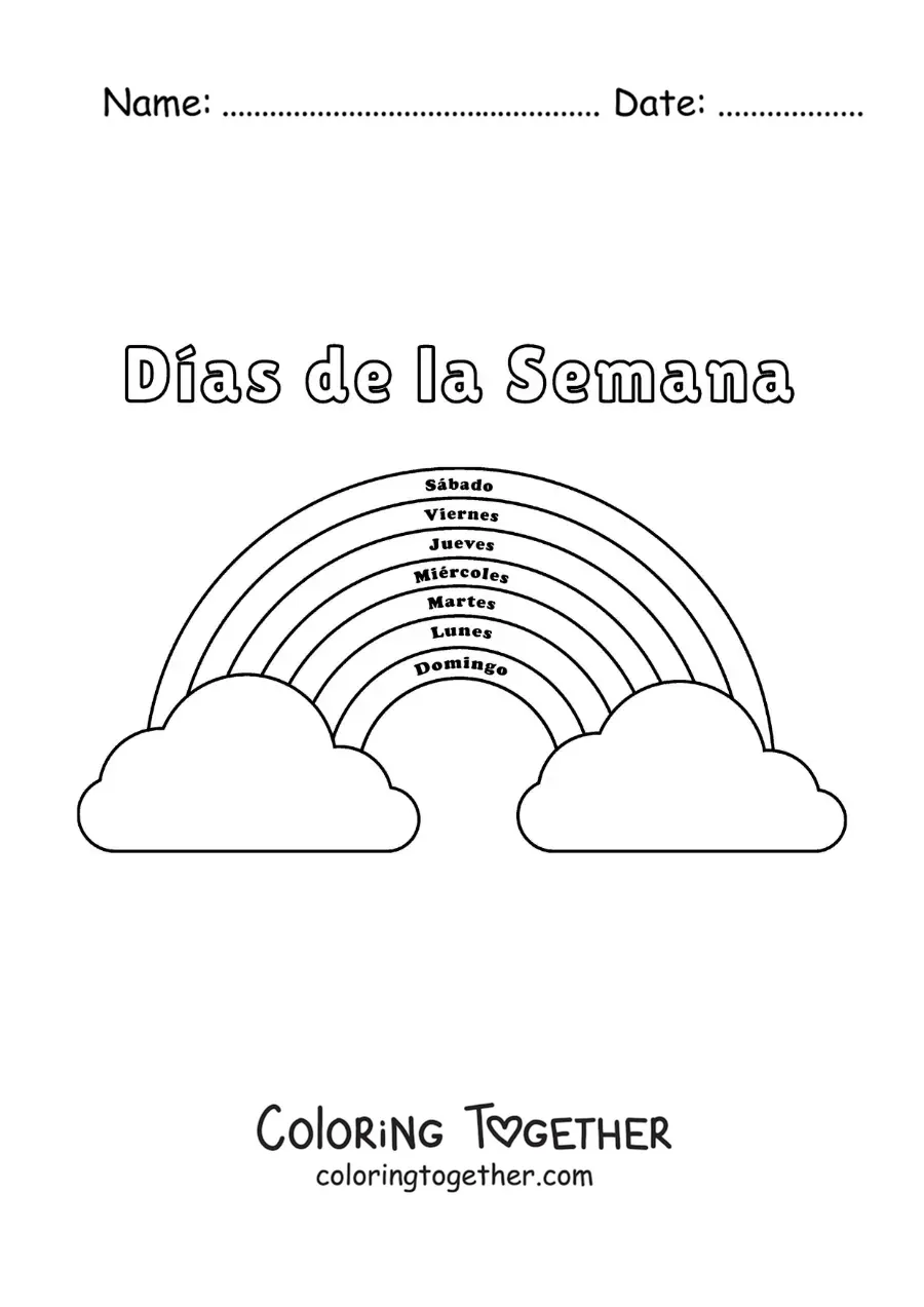 Coloring page of a rainbow to learn the days of the week for kids