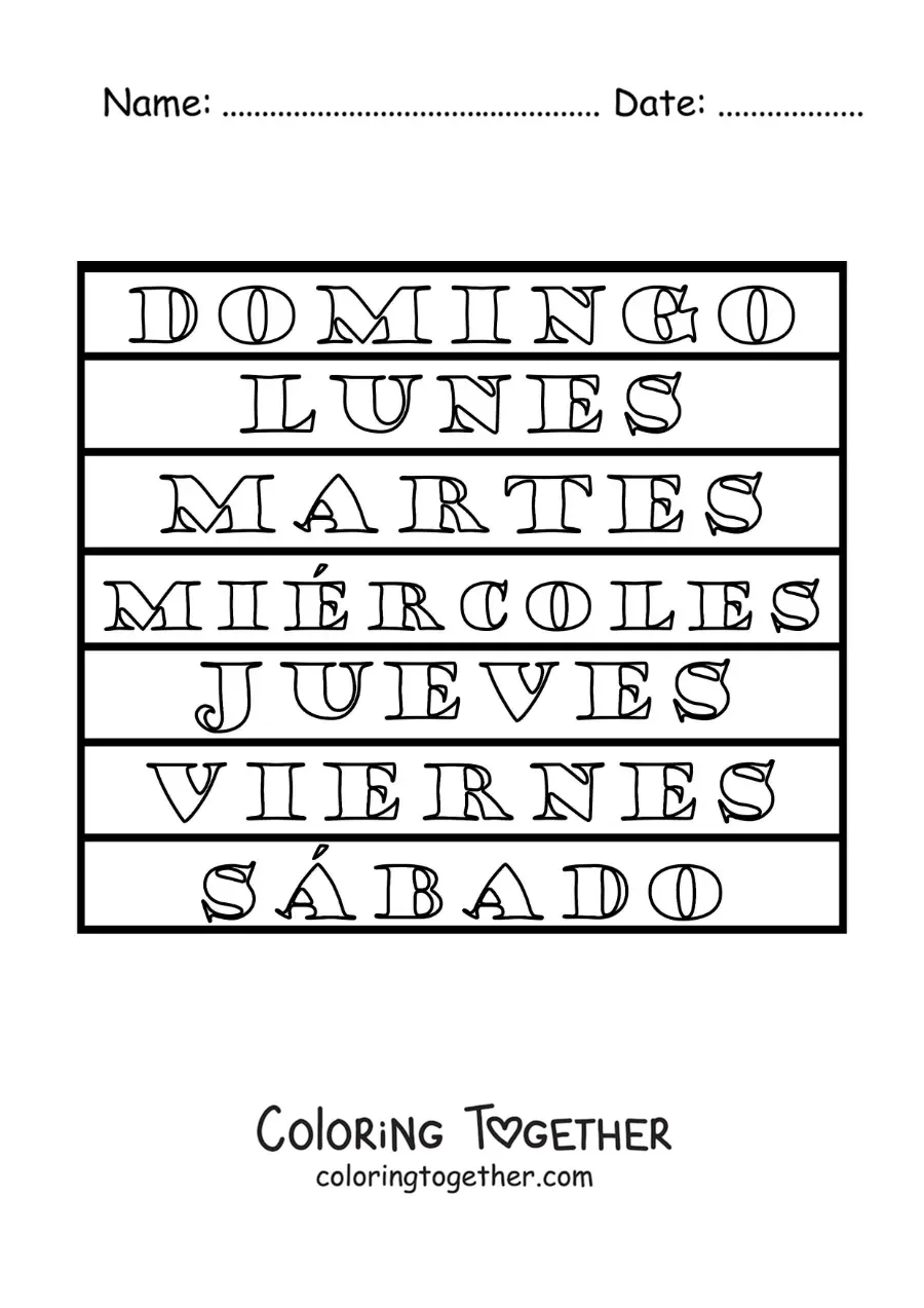 Coloring page of the days of the week for kids