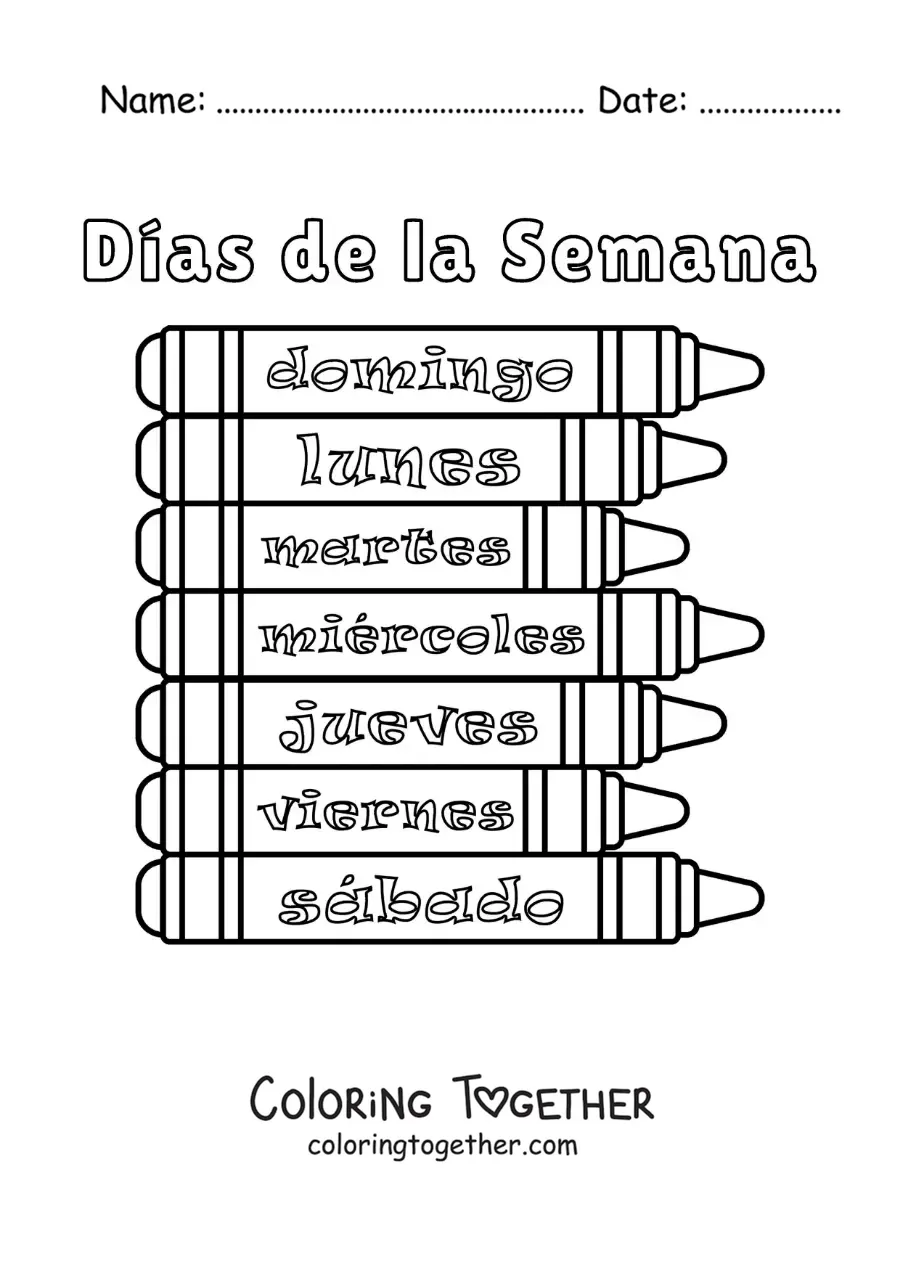 Coloring page of crayons with the days of the week for kids