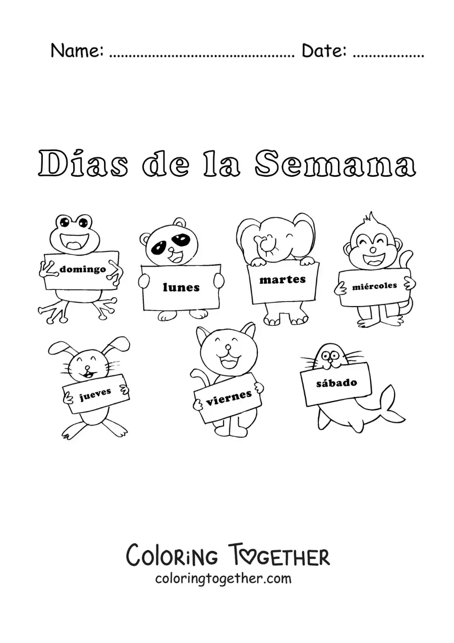 Coloring page of cartoon animals with the days of the week for kids