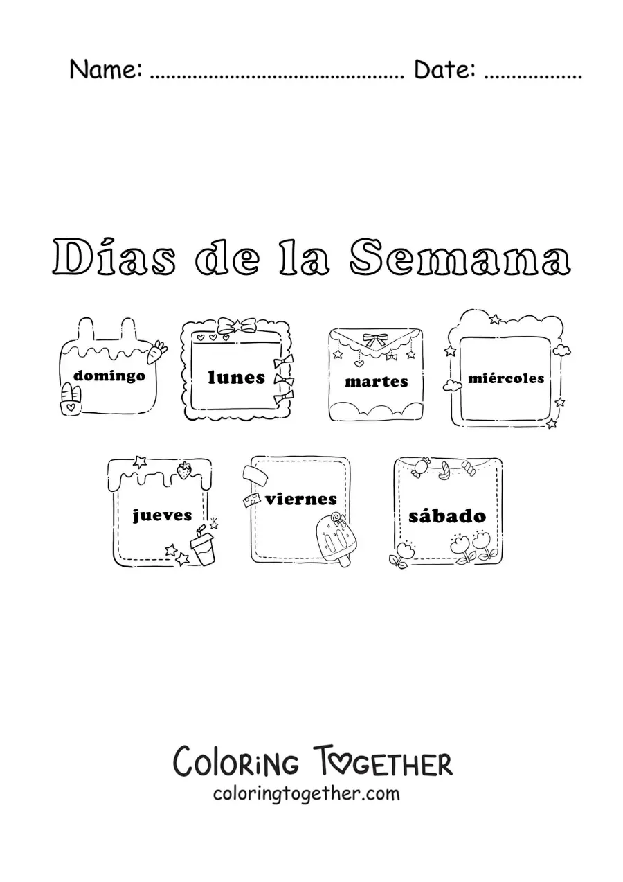 Coloring page of cards with the days of the week for kids