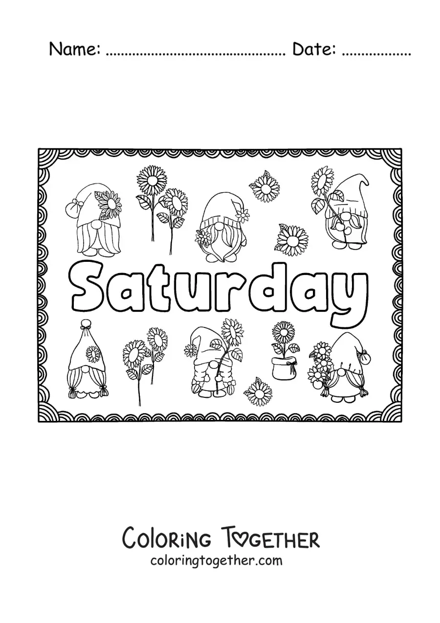 Coloring page of a Saturday sign with cartoons