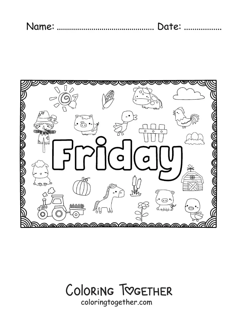Coloring page of a Friday sign with cartoons