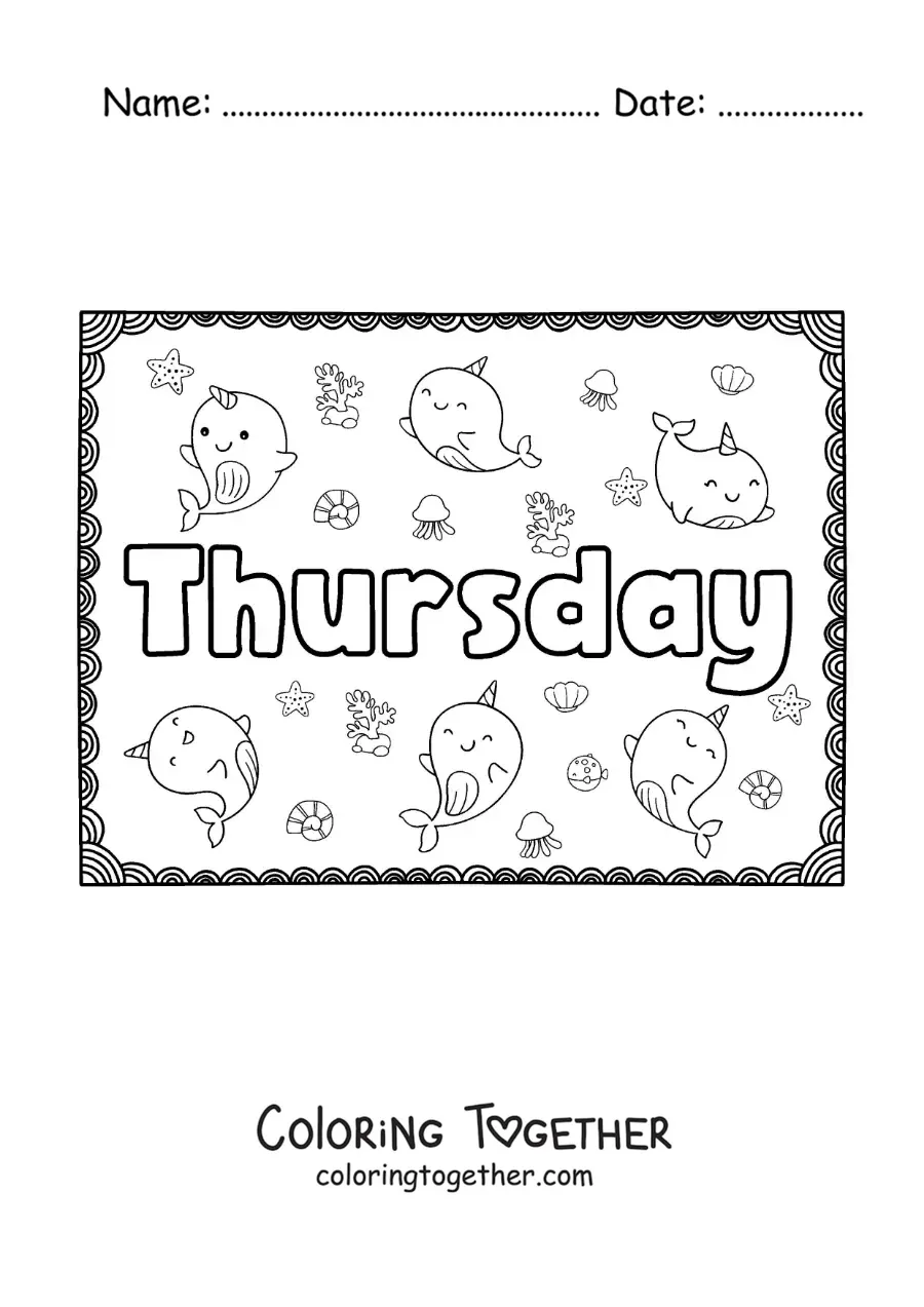Coloring page of a Thursday sign with cartoons