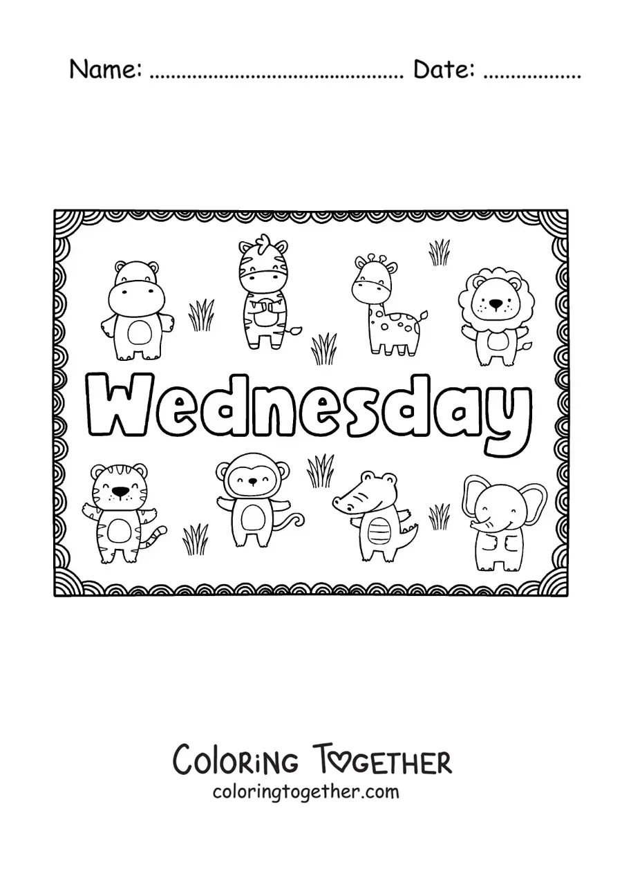 Coloring page of a Wednesday sign with cartoons