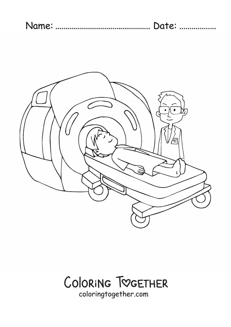 Coloring page of a doctor performing an MRI scan on a patient