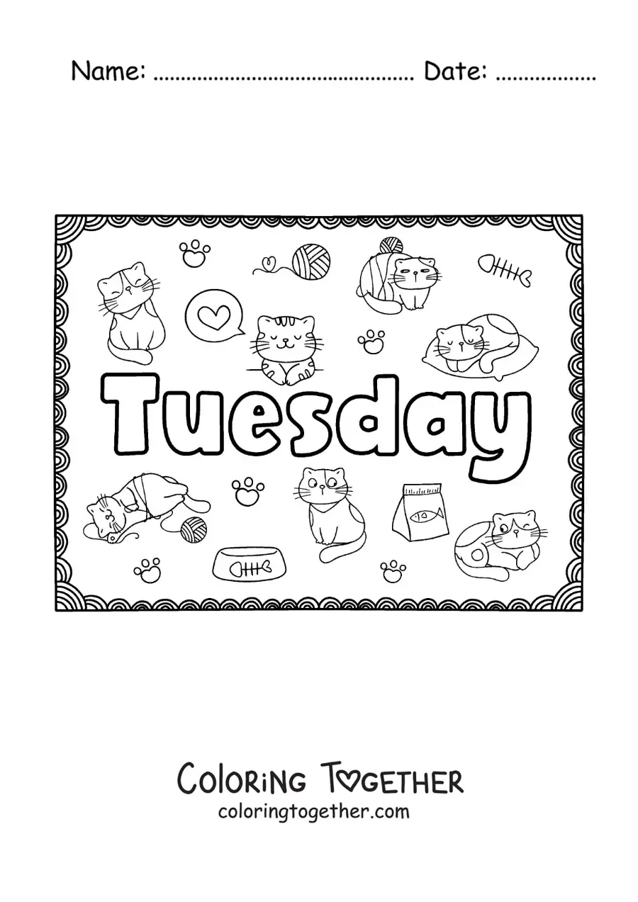 Coloring page of a Tuesday sign with cartoons