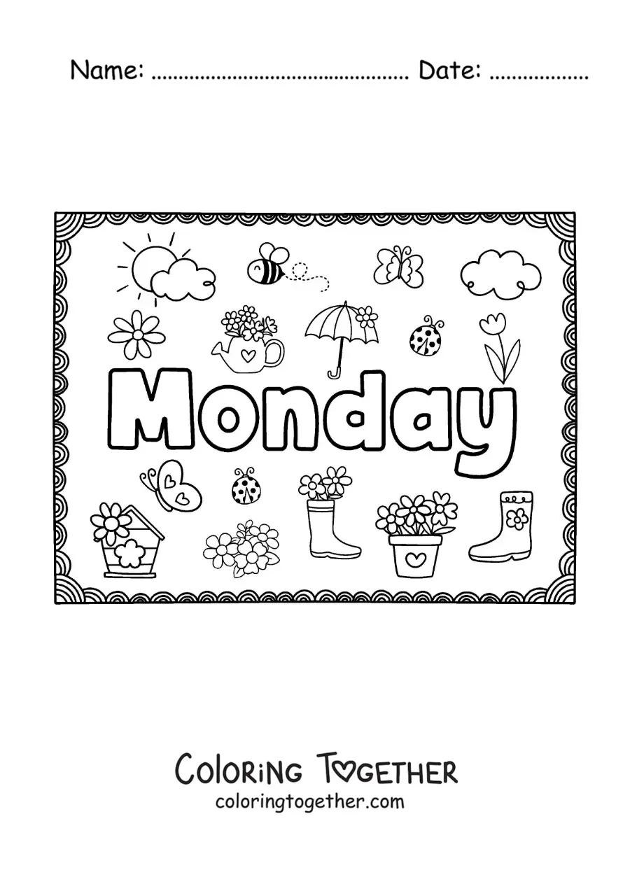 Coloring page of a Monday sign with cartoons