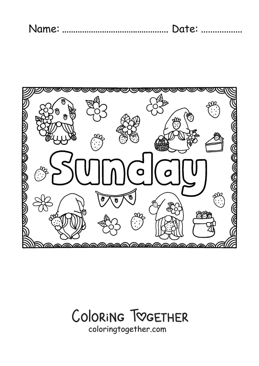 Coloring page of a Sunday sign with cartoons