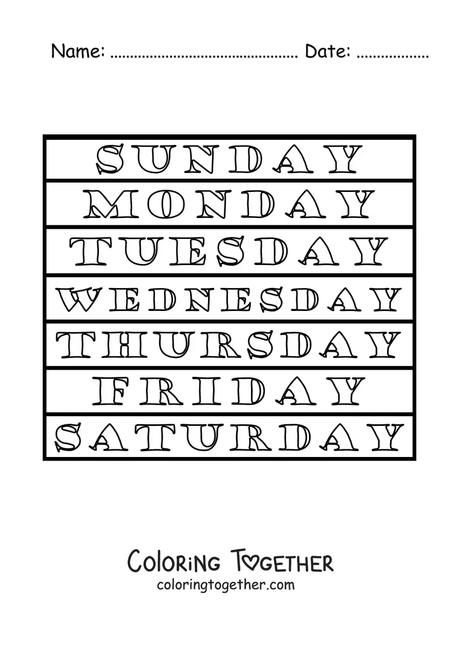 Coloring page of the days of the week in English