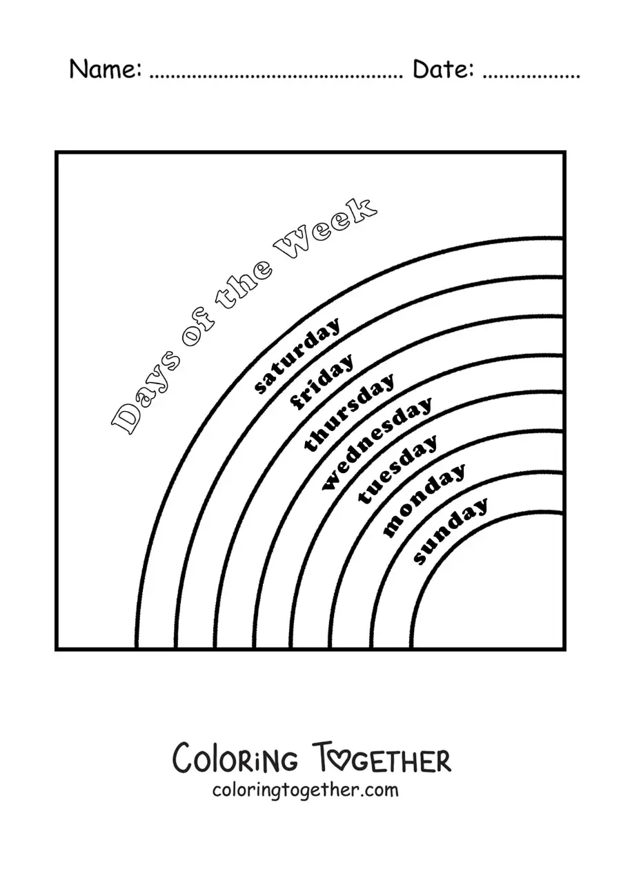 Coloring page of a rainbow with the days of the week in English