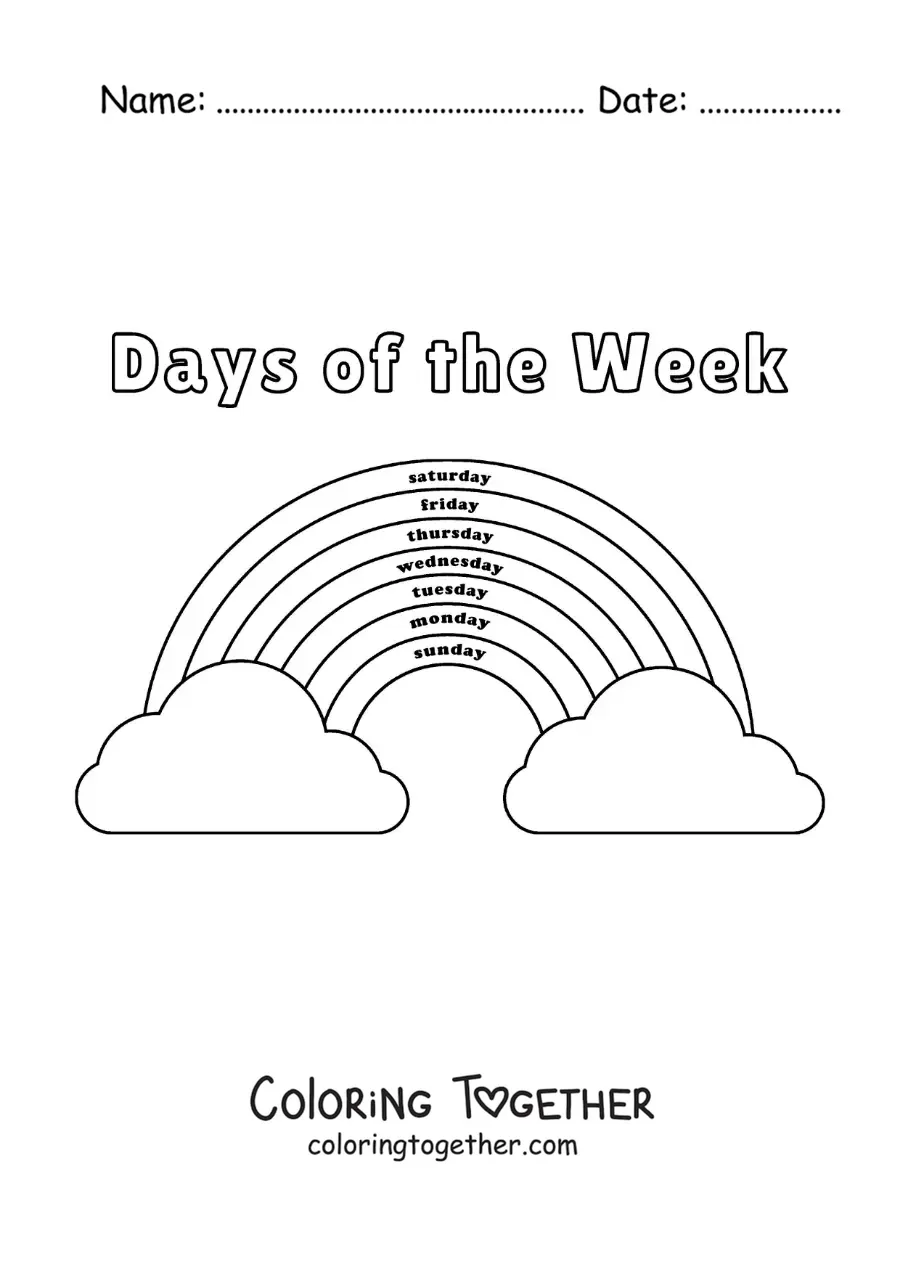 Coloring page of a rainbow to learn the days of the week in English