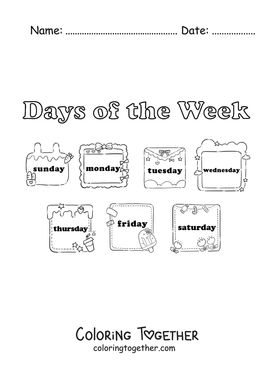 Coloring page of cards with the days of the week in English